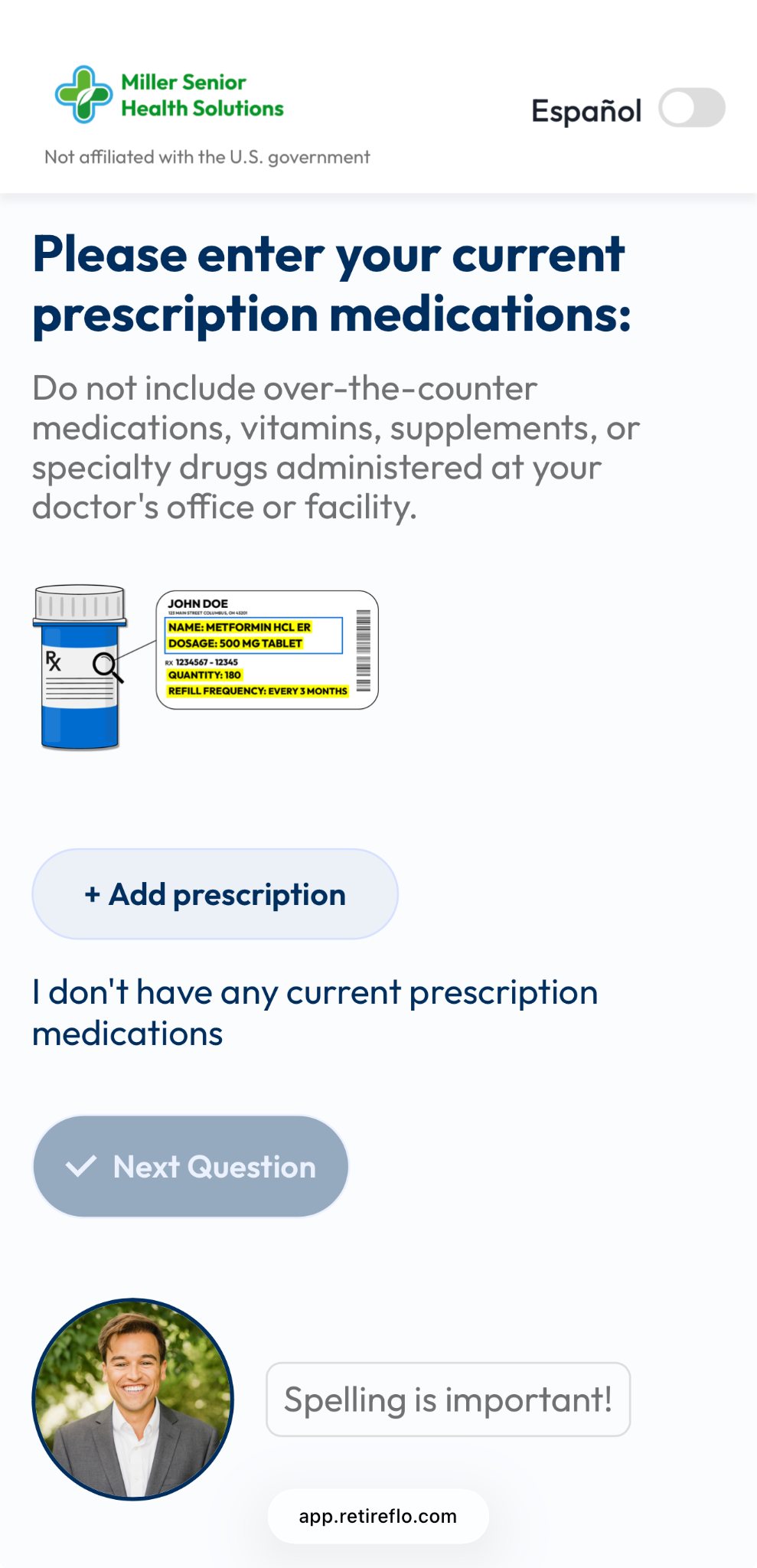 RetireFlo prescription survey screen